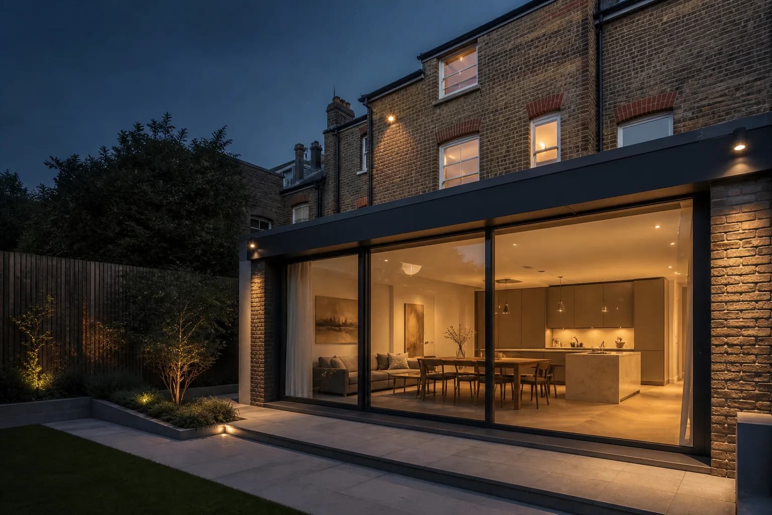 Contemporary rear extension to a London brick townhouse at dusk